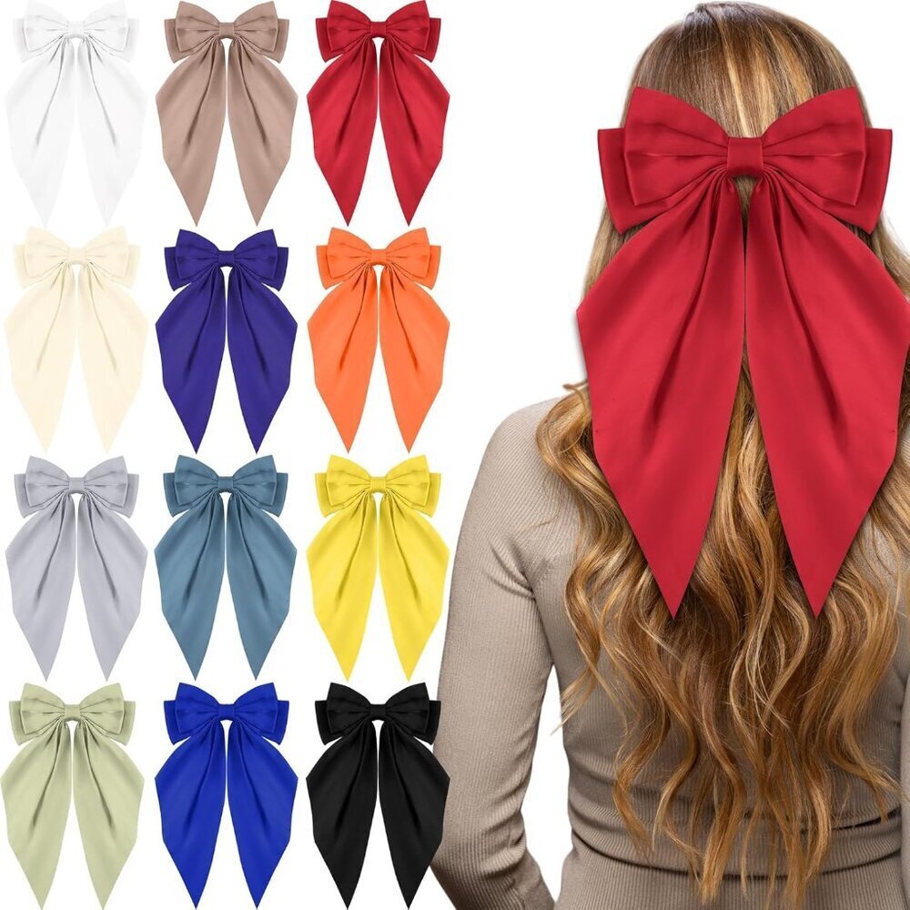 Silky Satin Hair Bows Bulk 12 Large Hair Clips for Women Gift Ideas